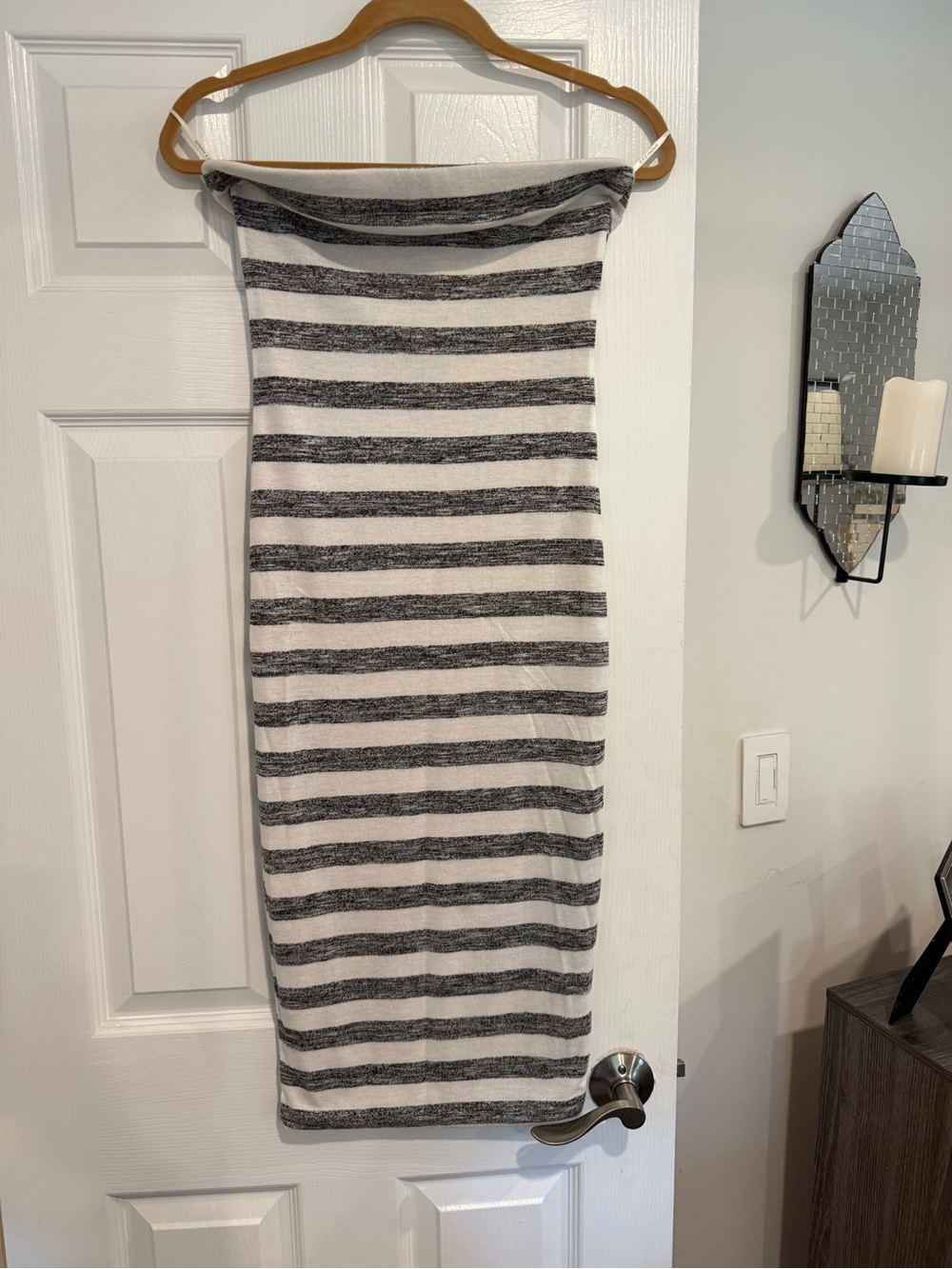 DNA couture Gray and White Striped Knit Strapless Dress